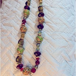 Pilgrim Danish Design beaded Necklace peridot green wine colors 36”